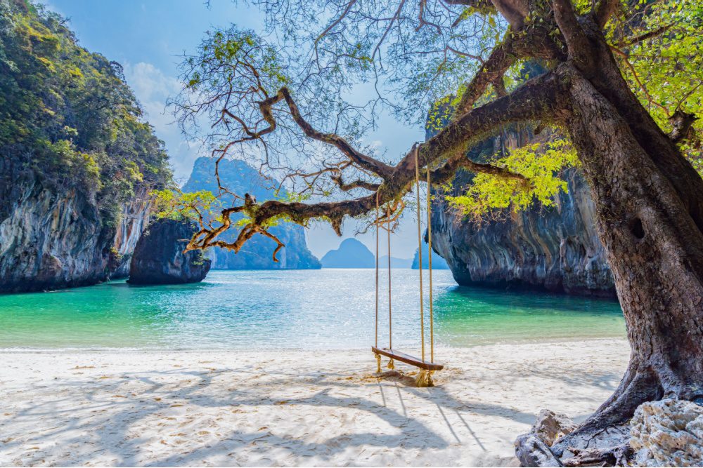 A beach with a swing hanging from a tree in Laos.